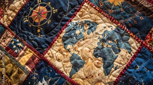 A quilt decorated with travelinspired fabrics representing fond memories from trips around the world photo