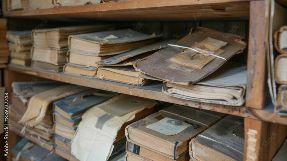 A shelf lined with memory books each one containing a unique and treasured collection of memories A shelf lined with memory books each one containing a unique and treasured collection of memories