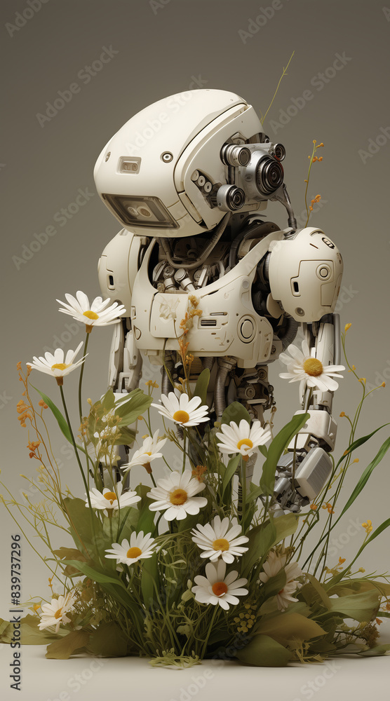 Beige robot from which white flowers and grass sprout, light beige background, hyperrealistic Beige robot from which white flowers and grass sprout, light beige background, hyperrealistic