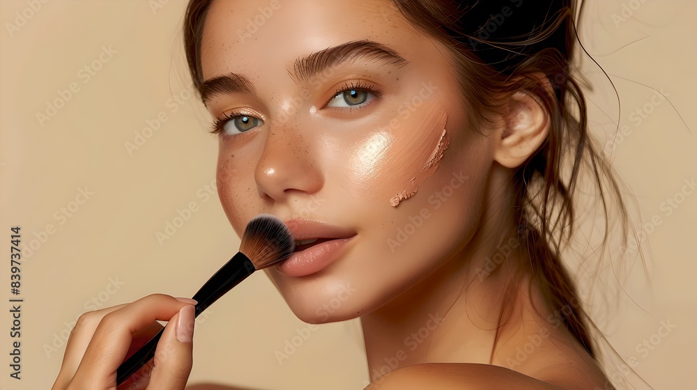 Young woman applying makeup with a brush. Studio portrait with natural lighting. Perfect for beauty and cosmetics promotions. High-resolution image created by AI Young woman applying makeup with a brush. Studio portrait with natural lighting. Perfect for beauty and cosmetics promotions. High-resolution image created by AI