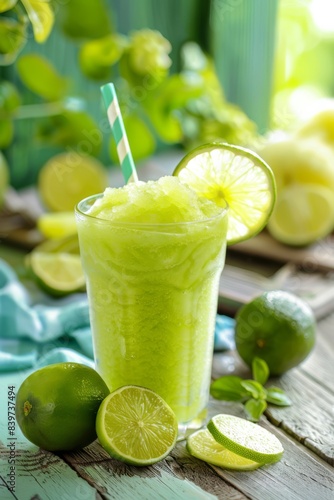 Slushy drink with lime picnic in the background and hot summer weather, generated with AI