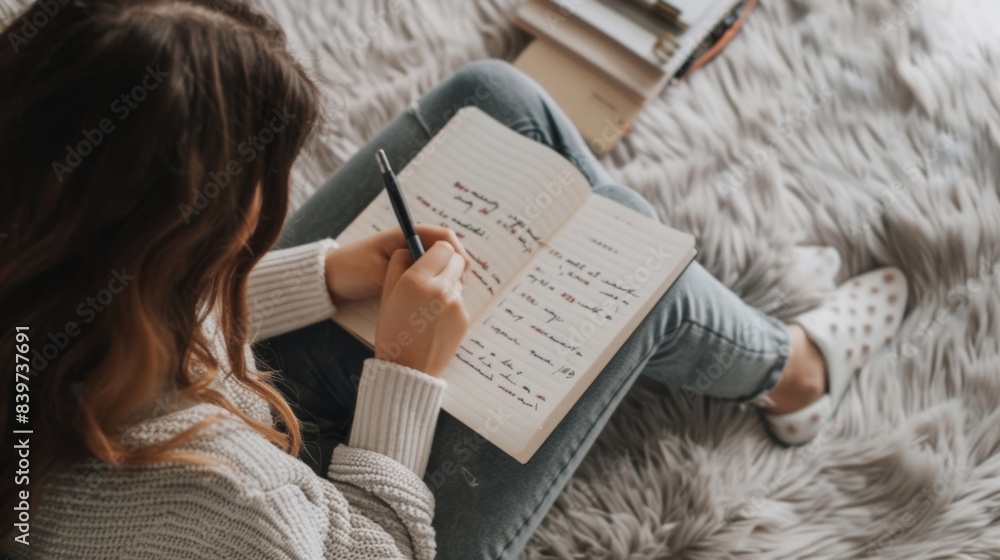 Fototapeta premium A person writing notes and organizing their thoughts in a memory journal