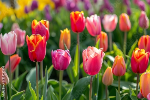 Landscape with tulips in Zaanse Schans  Netherlands  Europe 