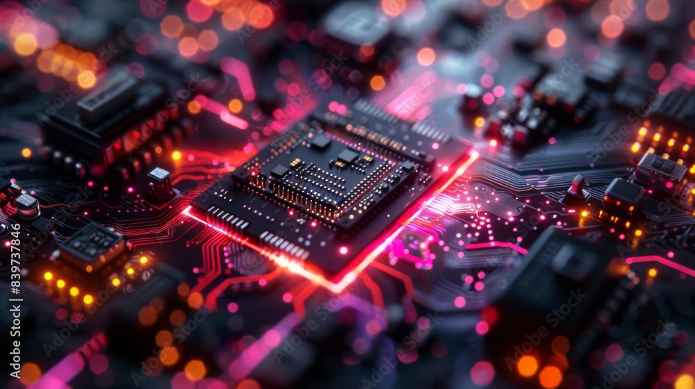 Visualization of a quantum processor chip with intricate superconducting circuits illuminated by colorful lights showcasing advanced technology in motion, generated with AI Visualization of a quantum processor chip with intricate superconducting circuits illuminated by colorful lights showcasing advanced technology in motion, generated with AI