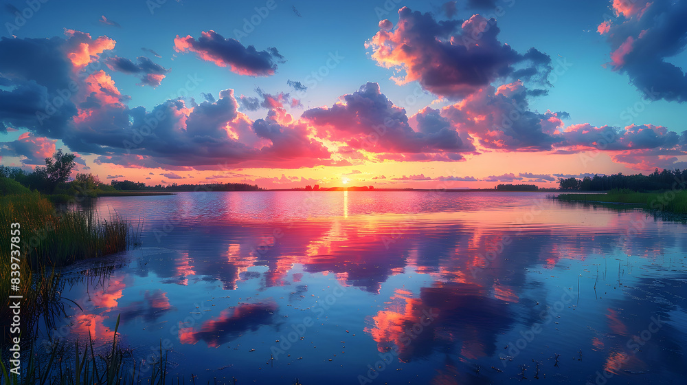 An ultra HD view of a nature bog at sunrise, the sky glowing with vibrant colors and the water reflecting the light An ultra HD view of a nature bog at sunrise, the sky glowing with vibrant colors and the water reflecting the light