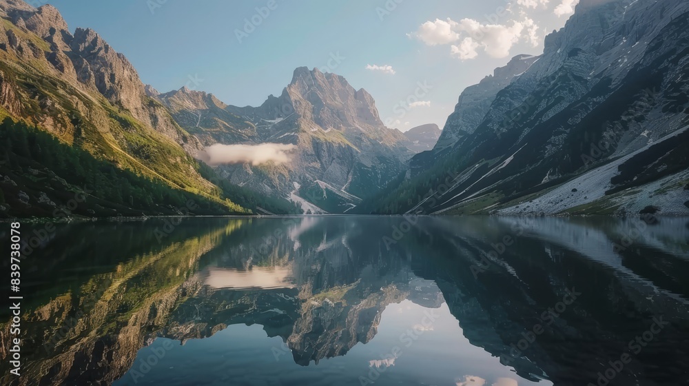 A mountain range beautifully reflected in a lake between a steep gorge. A mountain range beautifully reflected in a lake between a steep gorge.