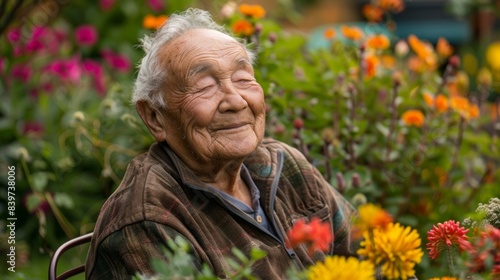 An elderly man sitting in a garden surrounded by vibrant and visually stimulating flowers with his eyes closed and a smile on his face © Justlight