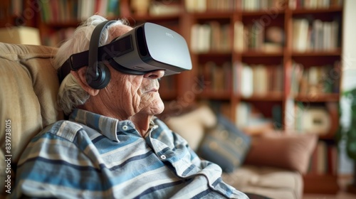 An elderly man using a virtual reality headset fully engrossed in an immersive and sensoryrich experience photo