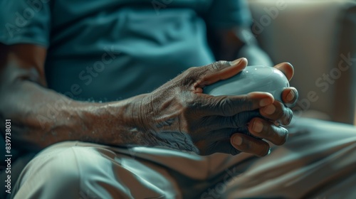 A man using a handheld massager to stimulate his hands and fingers which can help with circulation and dexterity