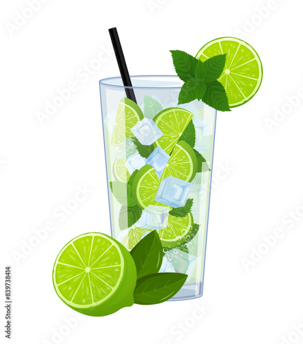 Mojito in a glass with tube for drinking. Lemonade refreshing drink isolated on white background.