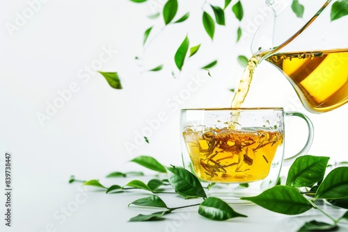 Pouring hot tea from jug into glass cup with green tea leaves Healthy organic products Studio shot on white background
