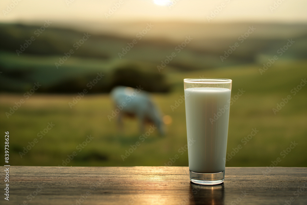 Glass of Fresh Milk with Pastoral Background Glass of Fresh Milk with Pastoral Background