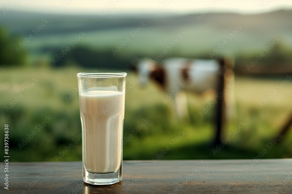 Glass of Fresh Milk with Pastoral Background Glass of Fresh Milk with Pastoral Background