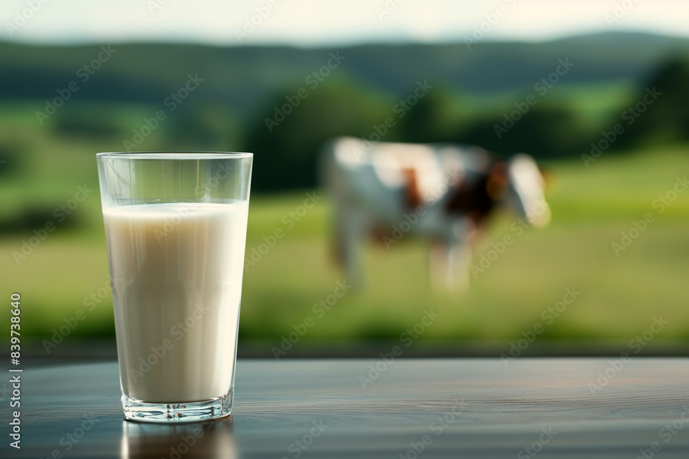 Glass of Fresh Milk with Pastoral Background Glass of Fresh Milk with Pastoral Background
