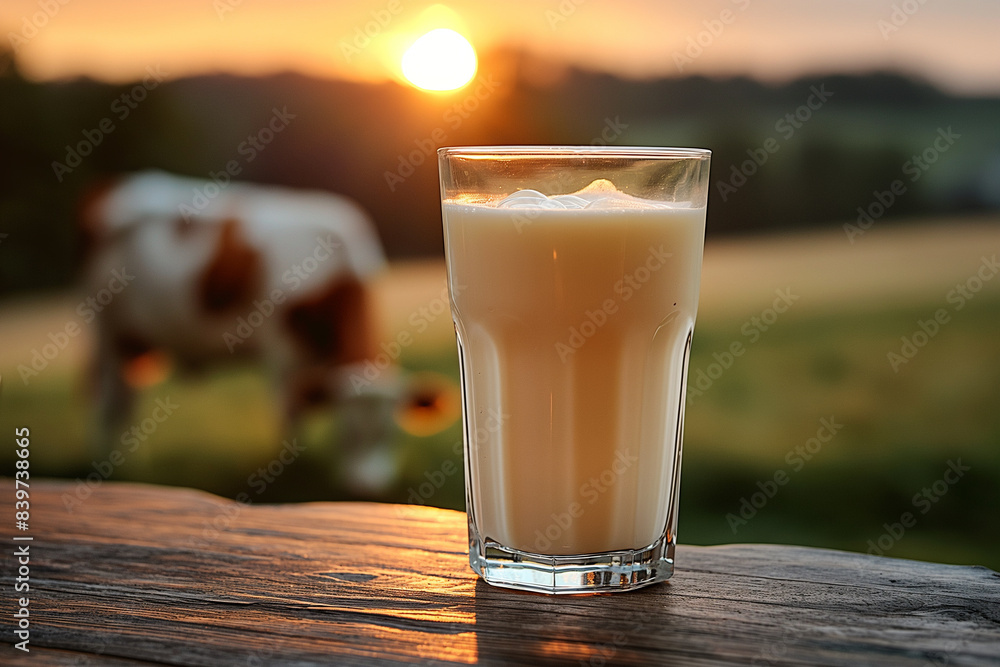 Glass of Fresh Milk with Pastoral Background Glass of Fresh Milk with Pastoral Background