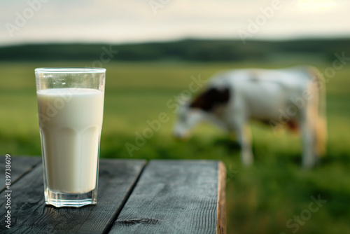 Glass of Fresh Milk with Pastoral Background