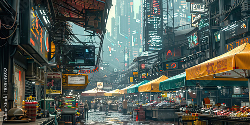 Cyberpunk Marketplace  A vibrant marketplace filled with stalls selling exotic goods  surrounded by towering skyscrapers and holographic displays.