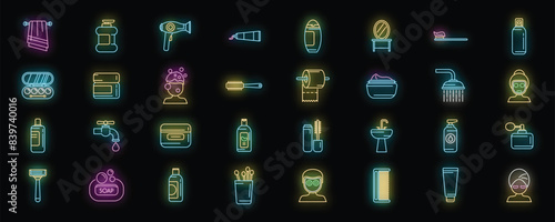 Morning treatments icons set outline vector. Care shave. Face skin neon color on black