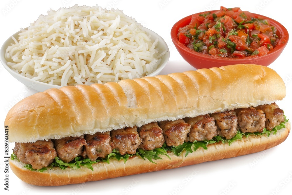 Meatball sub with rice and salsa on white background, gourmet sandwich, high protein meal, savory and flavorful, traditional culinary delight, artisanal Meatball sub with rice and salsa on white background, gourmet sandwich, high protein meal, savory and flavorful, traditional culinary delight, artisanal