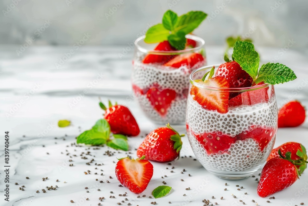 Strawberry chia pudding in clear cups Strawberry chia pudding in clear cups