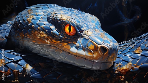 A portrait of a snake with crystalline scales that shimmer 