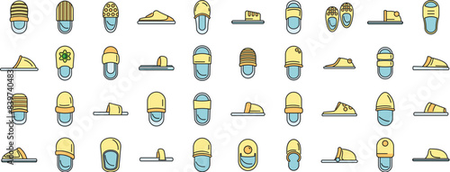 Home slippers icons set outline vector. Boot accessory. Clothing comfort thin line color flat on white