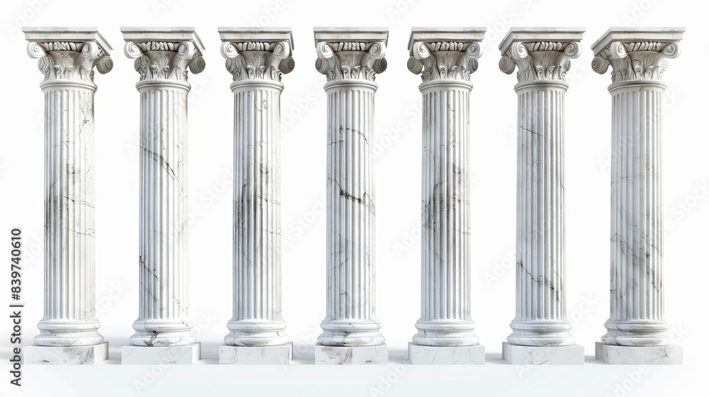 ancient greek white marble columns in a row isolated on white background architectural elements