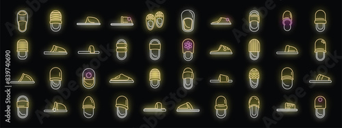 Home slippers icons set outline vector. Boot accessory. Clothing comfort neon color on black