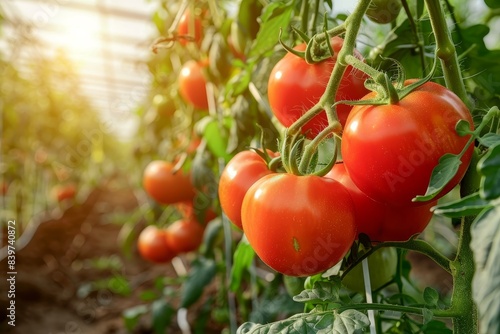 Stunning red tomatoes grown in a greenhouse beautiful backdrop photo