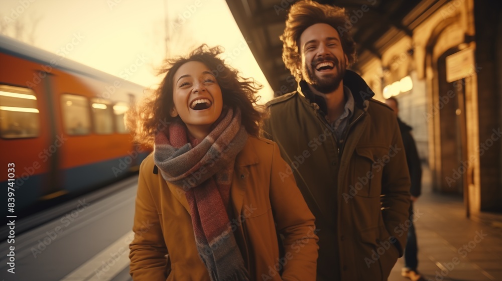 Smiling happy couple friends on railway station in autumn, fall time. Train ride travel concept Smiling happy couple friends on railway station in autumn, fall time. Train ride travel concept