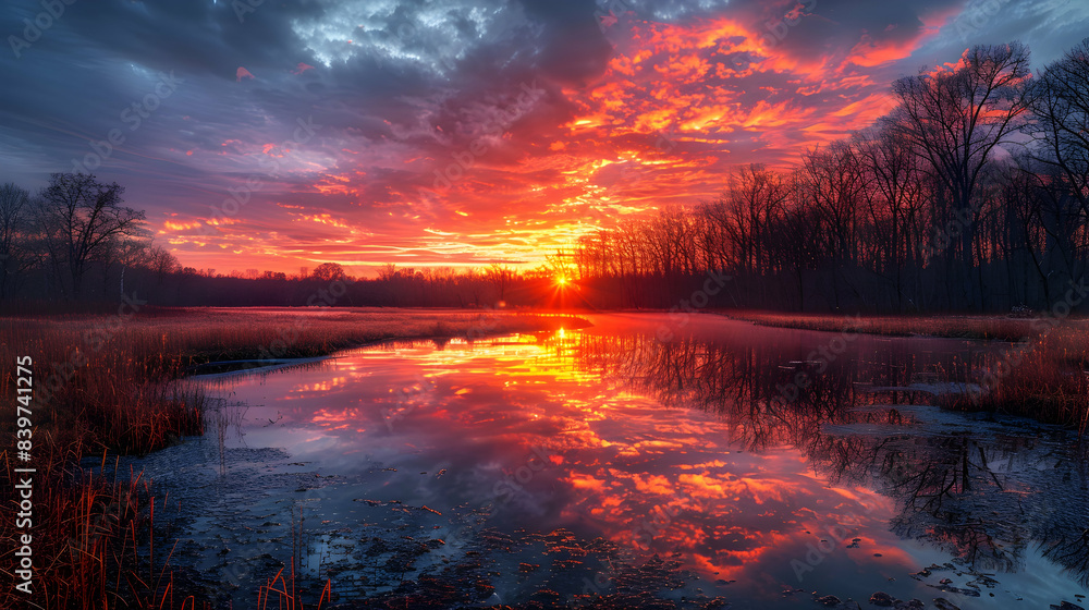 An ultra HD view of a nature vernal pool at sunrise, the sky glowing with vibrant colors and the water reflecting the light An ultra HD view of a nature vernal pool at sunrise, the sky glowing with vibrant colors and the water reflecting the light