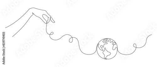 One continuous line drawing of hand holding Earth globe. World environment day poster in simple linear style. Protect and save planet concept in editable stroke. Doodle outline vector illustration