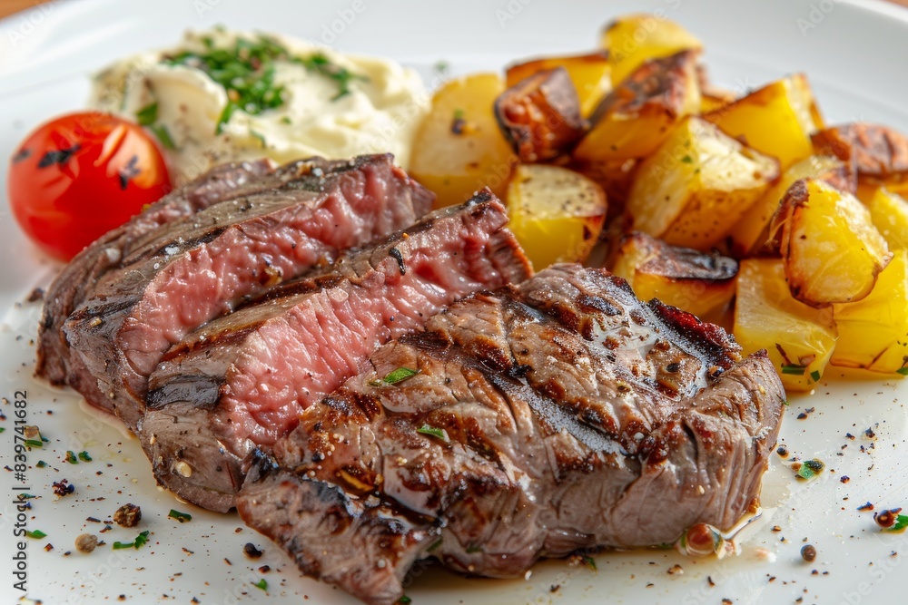 Grilled steak with roasted potatoes, garnished with herbs, served on a white plate, perfect for a hearty dinner, rich flavors, satisfying meal, gourmet, home cooked delight Grilled steak with roasted potatoes, garnished with herbs, served on a white plate, perfect for a hearty dinner, rich flavors, satisfying meal, gourmet, home cooked delight