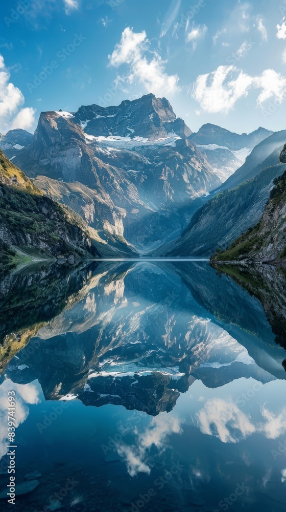 Obraz premium A mountain range beautifully reflected in a lake between a steep gorge.