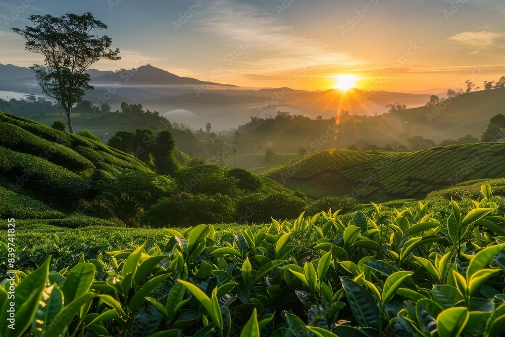 Sunrise over tea plantation