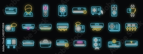 Repair air conditioner icons set outline vector. Install hvac. Air pump neon color on black