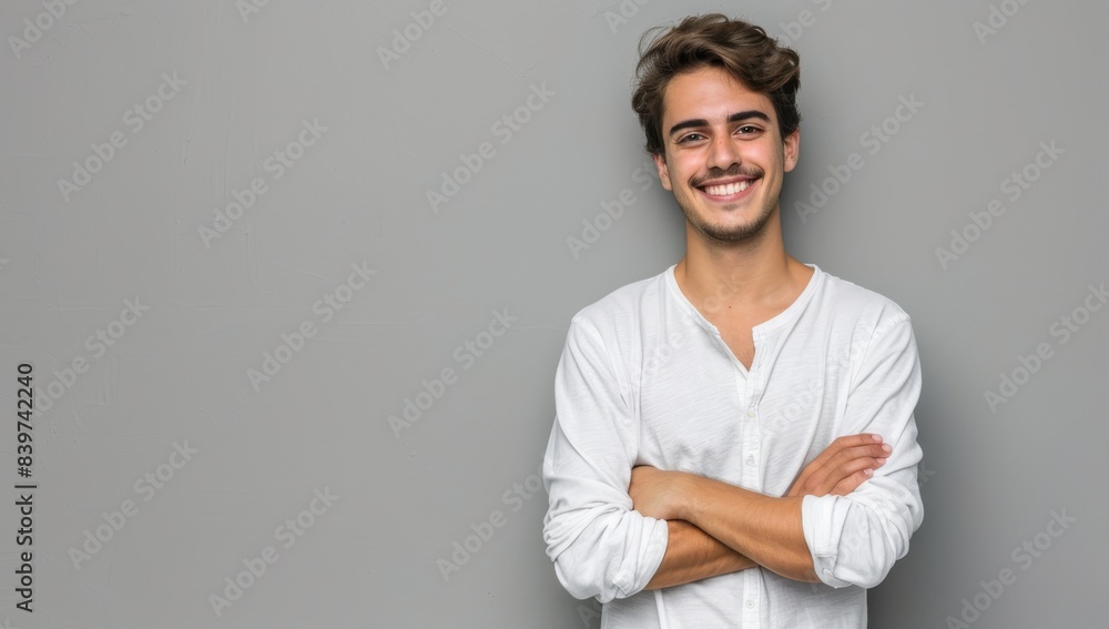 A young handsome man smiling with his arms crossed isolated on a grey background. A young handsome man smiling with his arms crossed isolated on a grey background.
