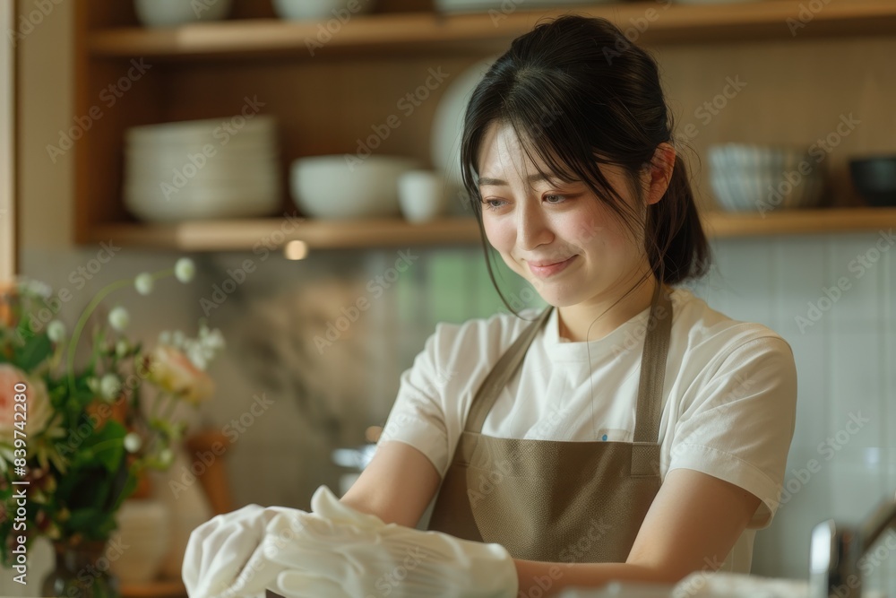 A young Japanese woman cleaning the kitchen counter with white gloves on, wearing an apron A young Japanese woman cleaning the kitchen counter with white gloves on, wearing an apron