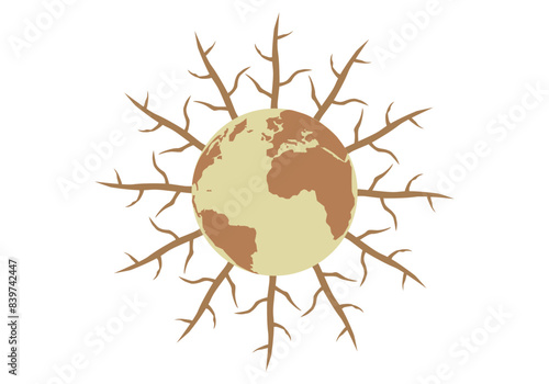 Planeta cálido y seco rodeado de árboles secos representando la sequia y cambio climático