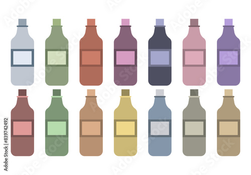 Hoja de iconos de botellas de bebida de varios colores.