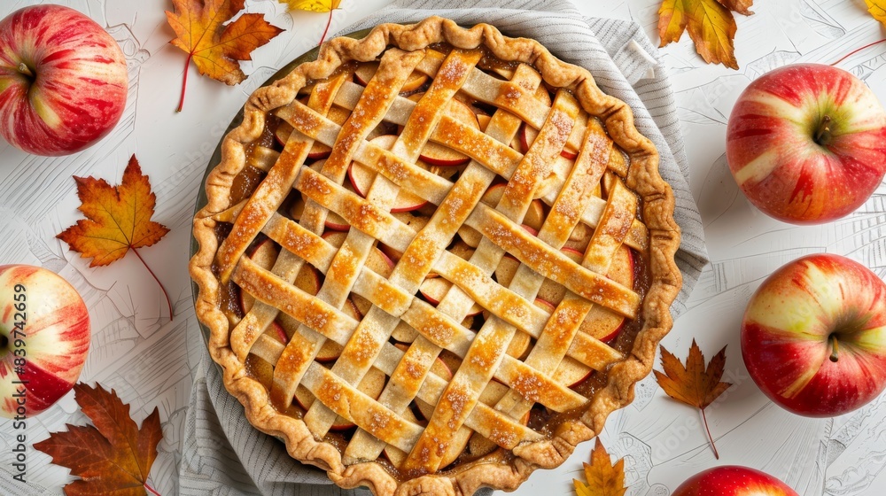 Homemade Apple Pie with fresh apples on white kitchen table, top view, flat lay. Thanksgiving traditional dessert, Thanksgiving tart preparation, autumn bakery. Crispy weather sweets. Recipe Homemade Apple Pie with fresh apples on white kitchen table, top view, flat lay. Thanksgiving traditional dessert, Thanksgiving tart preparation, autumn bakery. Crispy weather sweets. Recipe