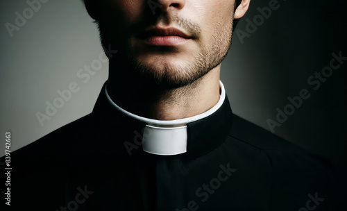 Close-up of a young male priest wearing a traditional clerical collar, emphasizing the religious attire.