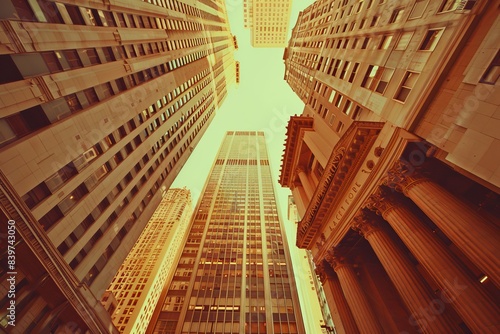 Office building top view background in retro style colors. Manhattan buildings of New York City center - Wall street