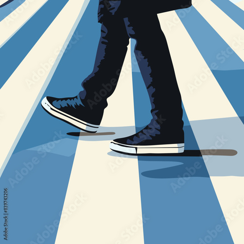 Vector Illustration of Person Walking on Striped Crosswalk, Urban Mood, City Life Concept