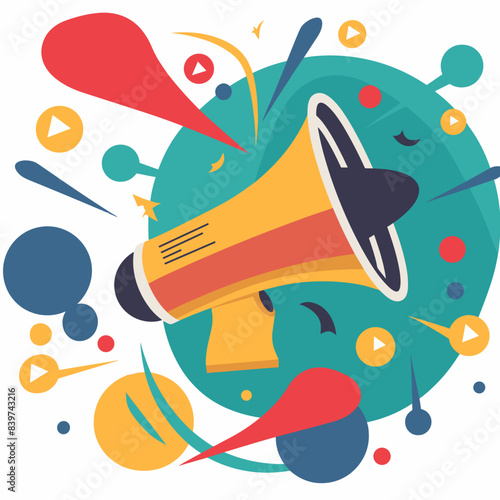 Colorful Megaphone with Speech Bubbles, Energetic Mood, Communication Concept