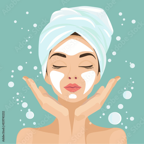 Illustration of Woman with Facial Mask and Towel Turban, Relaxed Mood, Skincare Routine