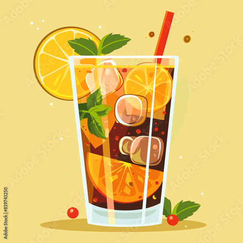 Refreshing Iced Tea with Lemon and Mint on Yellow Background