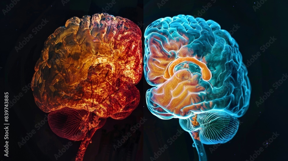 A sidebyside comparison of a healthy brain and a brain affected by Parkinsons disease highlighting the decrease in dopamine levels A sidebyside comparison of a healthy brain and a brain affected by Parkinsons disease highlighting the decrease in dopamine levels