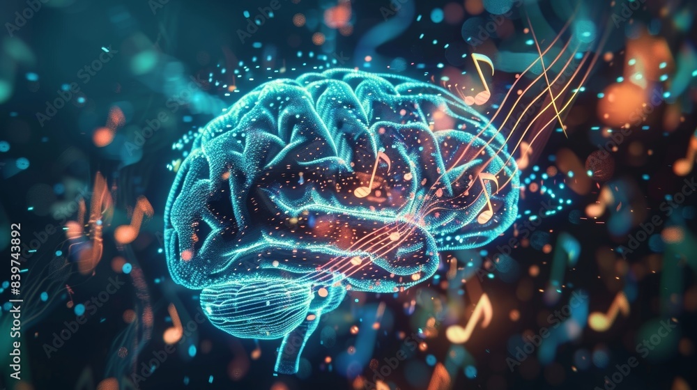 A graphic of a brain with music notes overlapping with the hippocampus symbolizing the integration of music into memory formation and recall A graphic of a brain with music notes overlapping with the hippocampus symbolizing the integration of music into memory formation and recall