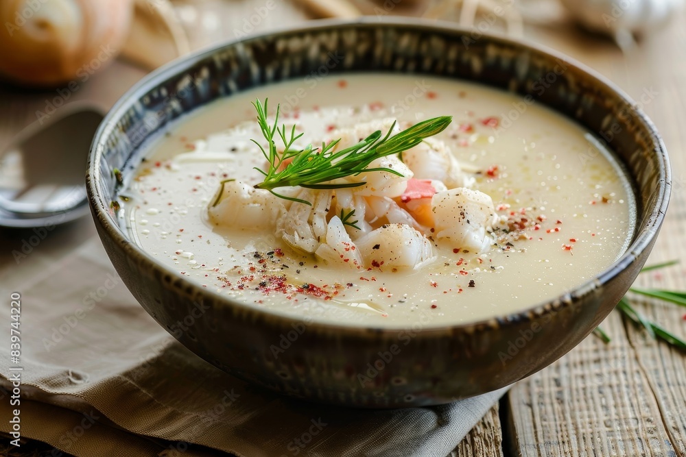White asparagus cream soup with crab meat in a bowl on a table White asparagus cream soup with crab meat in a bowl on a table